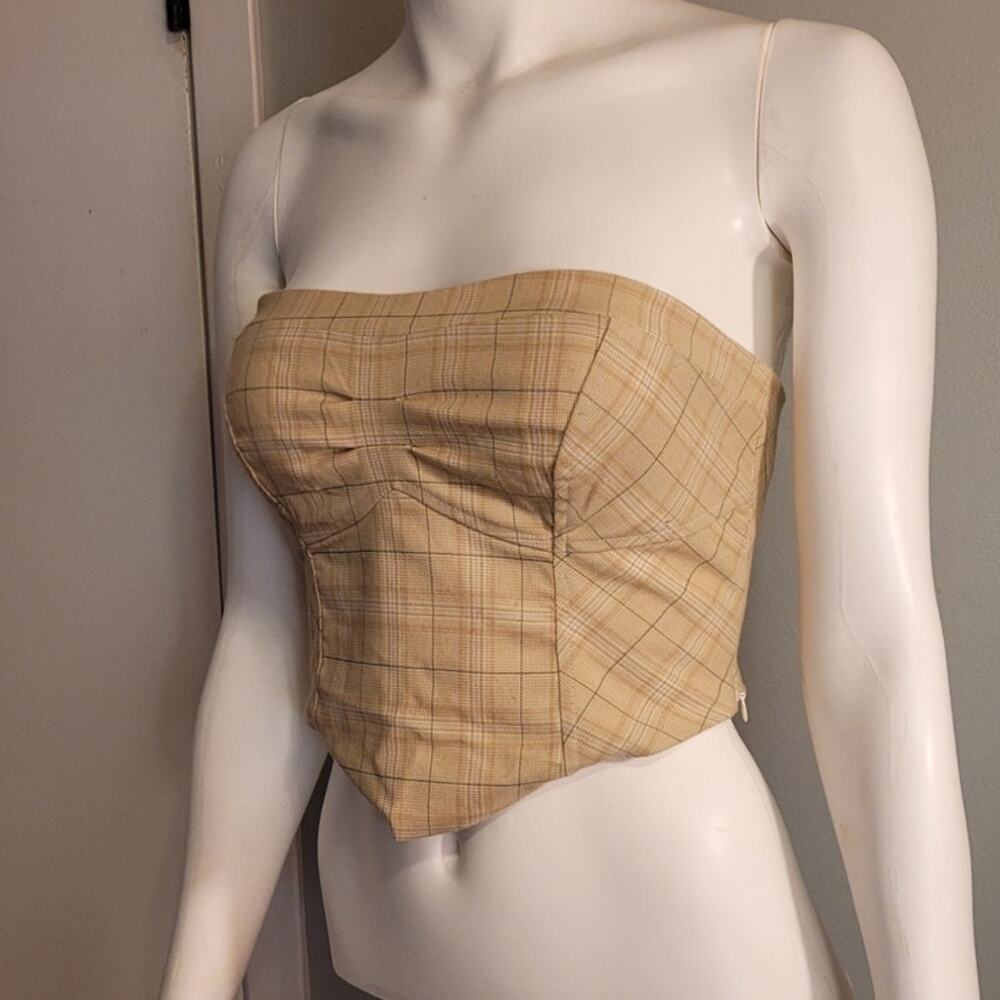 Free people plaid corset top strapless out west western crop tan tube top sz 4 - Picture 12 of 15